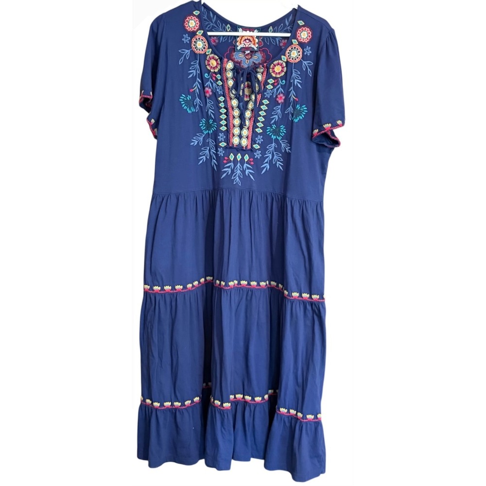 Johnny Was Sicili Embroidered Tiered Midi Dress Blue Floral Boho Tie Neck Size L